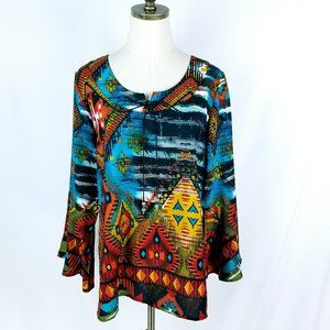 North Style Blouse Womens Size M Multicolor Aztec Pattern Vibrant Colors Keyhole